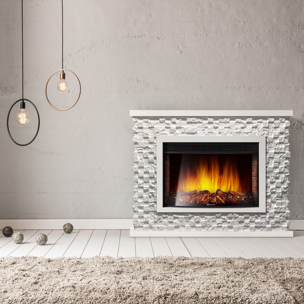 Каминокомплект Firelight Quadro 30 с очагом Electrolux EFP/P-3320RLS камень песчаник античный белый/белая эмаль