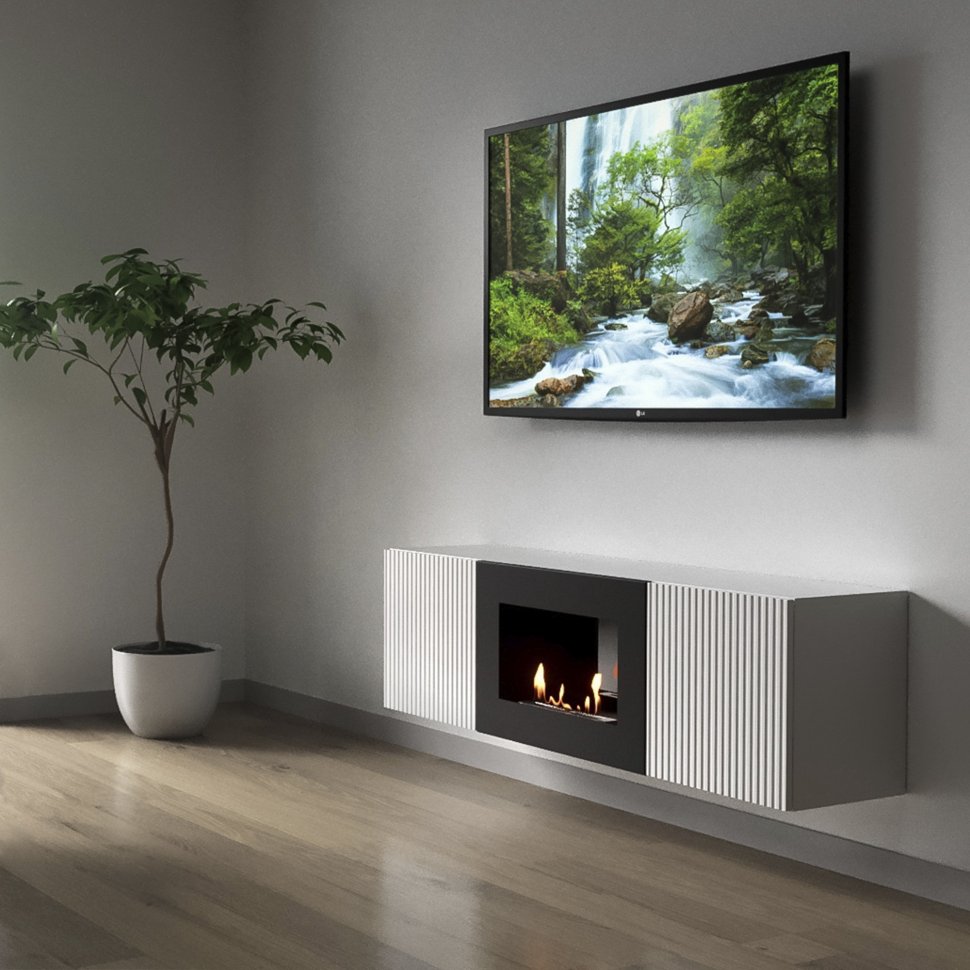 Тумба с биокамином Firelight BFP/P-1400L белый+набор керамических дров сосна
